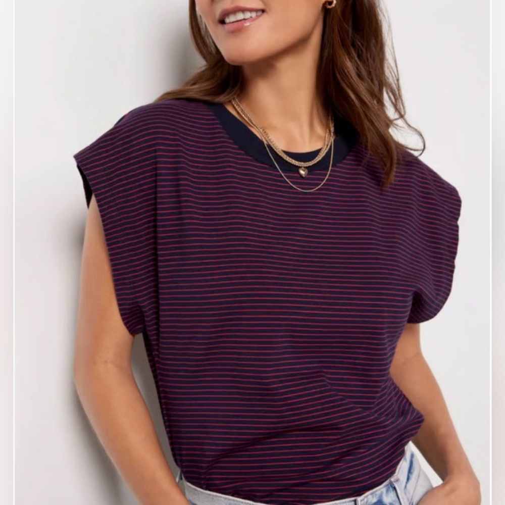 Pistola Marina Muscle Tee Size Medium Navy Red Stripe Cotton Stretch Preppy Chic